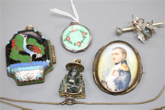 A white metal and enamel locket, a gilt metal and enamel necklace, two pendants, a brooch and 830 bug brooch, locket 24mm.